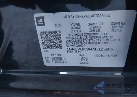 2021 Chevrolet Traverse Awd Lt Cloth from USA, damaged, VIN 1GNEVGKW4MJ125205